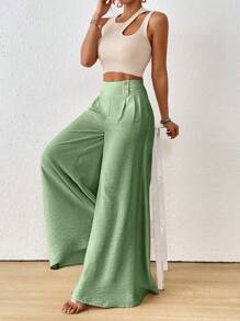 SoleilVie Quần ống rộng xếp ly màu trơn đơn giản thường ngày cho nữ - Màu xanh Ô liu - Xem 4