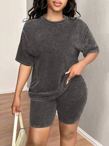 SHEIN SXY Vintage Distressed Snowflake Print Casual Two Pieces Set, Loose T-Shirt & Slim Fit Cycling Pants Fall Clothes Women - Grey - View 1