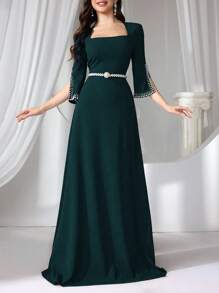 Coutiva Vestido elegante de noche de mujer con falsa perla y punto verde, vestido de fiesta, vestido de invitada de boda