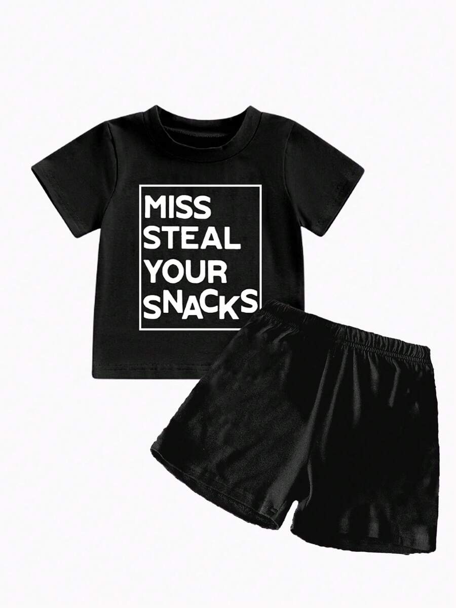 Set di maglietta a maniche corte con stampa "Miss Steal Your Snacks" e pantaloncini, 2 pezzi, colore nero, per neonati/bambine - nero - Visualizzare 1