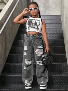 SHEIN Sparklyn Tween Girls Y2K Style Casual Loose Fitting Distressed Wide Leg Jeans, Versatile For Daily City Walk, School, Campus, College - Light Grey - View 7