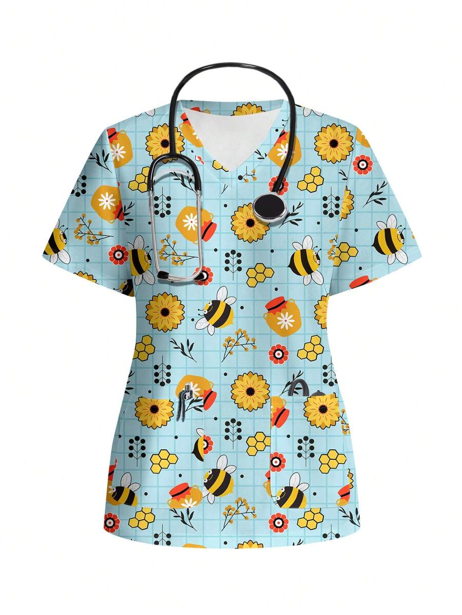 PopScrub Summer Cartoon Bee Floral Pattern /Nursing Scrub Uniform Top, Casual & Simple