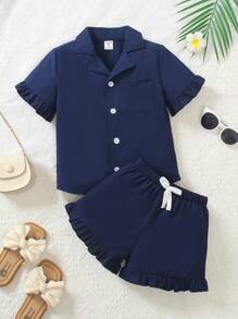 Young Girl 2pcs Set: Short Sleeve Shirt And Matching Color Frill Hem Shorts, Spring/Summer