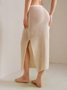 SHEIN Swim 夏季手工钩编花卉罩衫连衣裙，休闲简约性感比基尼裙 - 杏色 - 查看 2