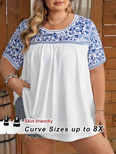 SHEIN CURVE+ Plus Size Women's Loose Floral Printed T-Shirt, Casual Summer Vacation Style Boho Vacation