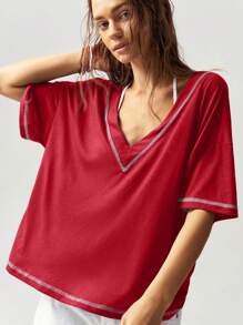 Bohemela Solid Color V-Neck Short Sleeve Loose Casual T-Shirt For Women