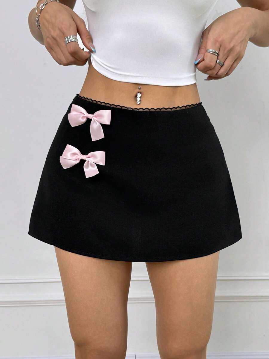 SHEIN EZwear Women's Short Bow Decor A-Line Skirt - Black - View 1