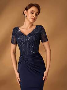 Serin Summer Elegant And Gorgeous Navy Blue Short-Sleeved Sequin Embroidery Stitching Elastic Knitted Twisted Fishtail Hem Frame Small Train Suitable For Dinner Bachelorette Party Date Music Festival Dance Holiday Wedding Event Bride Mother Evening Dress - Navy Blue - View 4