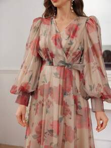 Modelyn Women's Rose Printed Mesh Modest Long Lantern Sleeve Dress With Belt Long Evening Dresses - Multicolor - View 6