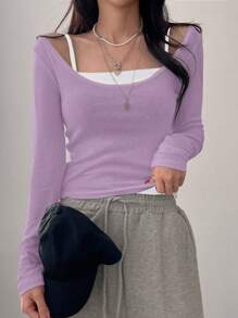 DAZY 2pcs/Set Women Solid Color Long Sleeve T-Shirt And Camisole,Fall Clothes - Mauve Purple - View 5