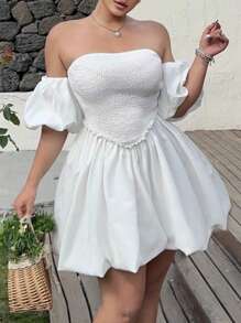 Flirla Women's Casual Vacation Street Tube Puff Sleeve Fitted Peplum Hem Floral Dress - White - View 1