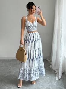 Selianne Women Elegant Fashion Spaghetti Strap Top & A-Line Printed Skirt 2pcs Set (Random Printing), Suitable For Vacation, Beach Party - Blue and White - View 4
