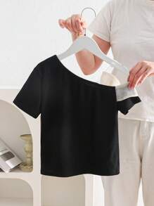 SHEIN Maglietta aderente a maniche corte con decorazione a fiocco sulla spalla, stile elegante signorile per ragazze adolescenti