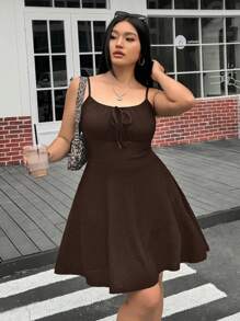 SHEIN EZwear 大码咖啡棕色褶皱胸围 A 字形连衣裙，高弹力，适合春夏季 - 咖啡棕 - 查看 2