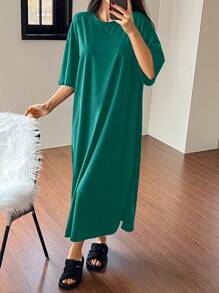 DAZY Simple Solid Color Loose Hem Slit Casual Lounge Dress, Moo Moo Pajama - Green - View 3