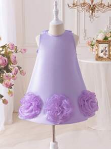 SHEIN 年轻女孩紫色编织纹理花卉 3D 圆领无袖修身连衣裙，优雅，婚礼，花童，大蝴蝶结，珍珠，蝴蝶结后背 - 紫色 - 查看 2