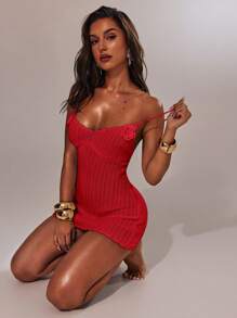 SHEIN BAE 女士 3D 花卉装饰镂空吊带针织连衣裙 - 紅色 - 查看 7