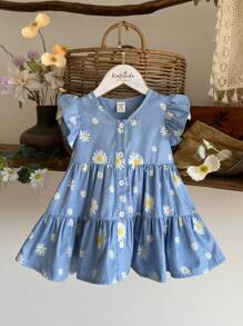 SHEIN Vintaside Kids 女婴连体休闲度假花卉图案 V 领连衣裙，适合夏季、户外度假 - 彩色 - 查看 7