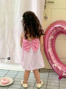SHEIN 女婴休闲可爱夏季粉色条纹蝴蝶结吊带连衣裙 - 粉色 - 查看 6