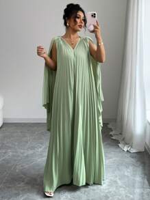 Elenzga 女士纯色宽松直筒褶皱长款连帽斗篷连衣裙