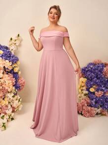 SHEIN Belle 大码优雅简约粉色露肩褶皱雪纺收腰鱼尾长款伴娘礼服 - 粉色 - 查看 4