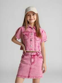 2pcs/Set Tween Girls Denim Top + High Waisted Mini Skirt, Pink - Pink - View 3