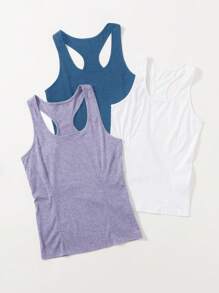 Gameset SHEIN Sport 3pcs Women's Solid Color Round Neck Racerback Athletic Tank Top, Summer - Multicolor - View 5