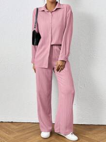 SHEIN PETITE 2件組女款純色長袖單排扣襯衫與長褲休閒套裝，適合嬌小女性 - 粉色 - 查看 3