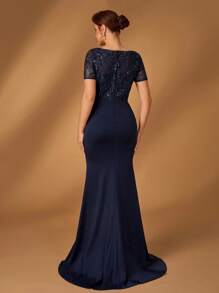 Serin Summer Elegant And Gorgeous Navy Blue Short-Sleeved Sequin Embroidery Stitching Elastic Knitted Twisted Fishtail Hem Frame Small Train Suitable For Dinner Bachelorette Party Date Music Festival Dance Holiday Wedding Event Bride Mother Evening Dress - Navy Blue - View 3