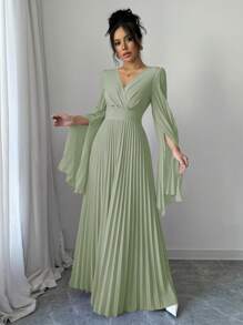 Elenzga V 领褶皱开袖优雅浪漫女式连衣裙长款女装 - 薄荷綠 - 查看 4