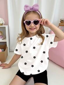 SHEIN Happikins Mini Black & White Floral Design Young Girl Casual Loose Short Sleeve Top And Shorts 2 Pieces Set, Suitable For Summer - Multicolor - View 4
