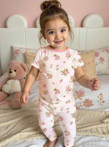 SHEIN Baby Girl Ditsy Floral Casual Slim Fit Round Neck Comfortable Short Sleeve Top And Long Pants Pajamas Set, Suitable For Spring & Summer - Multicolor - View 1