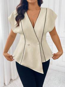 Celure Blazer elegante da lavoro con scollo a V profondo, maniche a palloncino e blocchi di colore