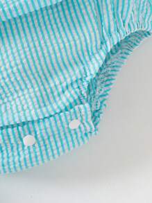 SHEIN 女婴夏季韩版休闲可爱汽车大蝴蝶结吊带蓝色条纹连体衣