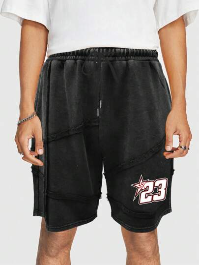 Men's Preppy Number Front Tie Pocket Digital Print Casual Fleece Shorts