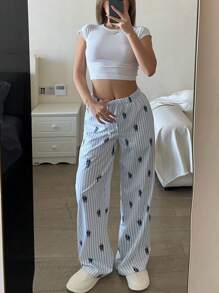 SHEIN Pantalones sueltos azul y blanco con rayas de verano versátiles y casuales para adolescentes