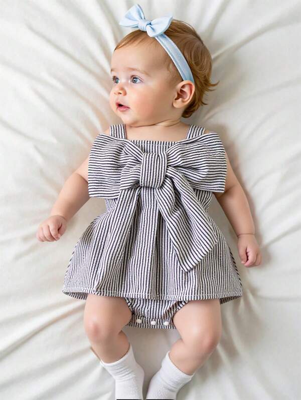Souflis Souflis Baby Girls' Korean Version Casual Lovely Car Bow Knot Strap Blue Striped Romper For Summer