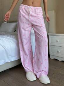 SHEIN Elegant Low Waist Sweet Floral Bow & Stripe Print Long Pants, Comfortable For Casual Wear, Suitable For Spring/Summer, Home - Pink - View 7