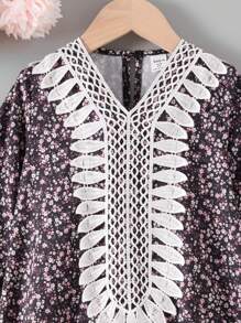 Vestido largo con adorno de encaje con motivos florales y de espiga de trigo para niña pequeña para uso diario, conjunto a juego madre-hija (se venden 3 piezas por separado)