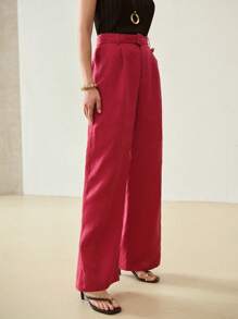 MOTF PREMIUM WOMEN'S 100% LINEN STRAIGHT LEG SUIT PANTS WITH LACE TRIM, SUMMER VACATION - Burgundy - View 6