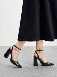 CUCCOO BIZCHIC 时尚黑色漆皮尖头粗跟高跟鞋，通勤、约会、派对、婚礼、度假皆宜。 - 黑色 - 查看 4