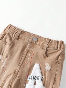 SHEIN 男童夏季街头酷炫字母贴片破洞磨边高弹修身牛仔短裤，带口袋，街头风春假 - 卡其色 - 查看 4