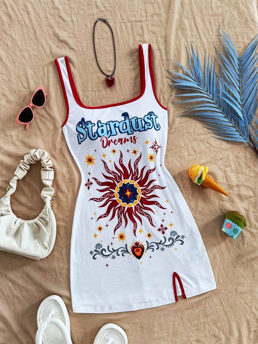 Soleia Vacation Women's Colorful Letter & Floral Print Contrast Collar Open Slit Mini Dress,Rave Outfits Festival - White - View 1