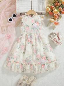Young Girl' Rose Ditsy Floral Sleeveless Puff Dress, High Quality Princess Style Summer Swing Dress With Back Zipper, Cute & Sweet Daily/Casual Wear - Pink - View 2