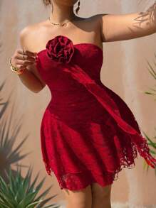 Flirla Plus Size Women Sexy Lace Cake Removable Ruffle Floral Strapless Dress - Burgundy - View 3