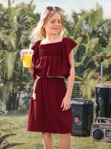 2pcs 2025 Spring/Summer New Casual Comfortable Resort Ruffled Sleeve Red Tween Girl Set, Suitable For Daily Wear, Outdoor Activities, And Family Holiday Gatherings - Burgundy - View 15