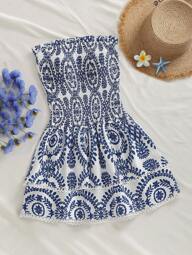 Elamini Vestido Curto Elegante, Estilo Boêmio, Linha A, com Ombro Aberto, Pregas, Cintura Elástica Franzida, Recorte Vazado, Barrado Bordado Enrugado