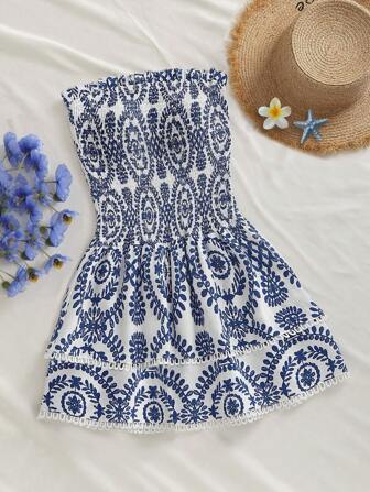 Elamini Vestido corto elegante bohemio de línea A con diseño de hombros abiertos, con volantes, cintura tableada elástica, corte hueco bordado y bajo con volantes