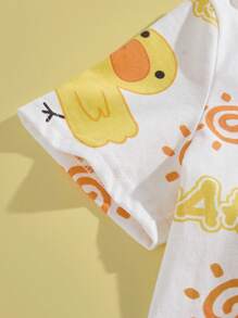 SHEIN 2pcs/Set Young Boys Cute Animal Print Basic T-Shirt And Elastic Waist Yellow Shorts Sets - Yellow - View 7