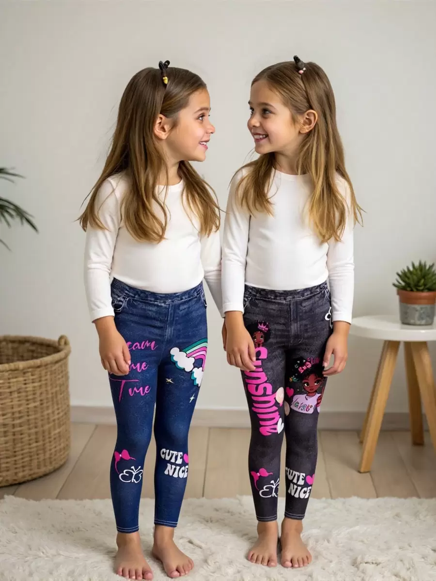 2pcs/Set Young Girl Cute Rainbow Bow Letter Print Knit Jeggings Leggings - Multicolor - View 1